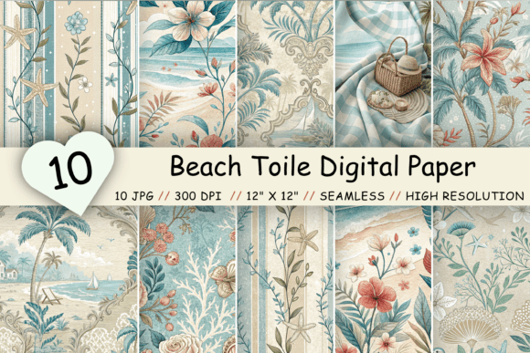 Beach Toile Digital Paper Pack: Vintage Florals for Modern Projects