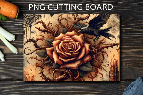 Elevate Your Kitchen Aesthetic: The Gothic Crow Thorny Rose Cutting Board