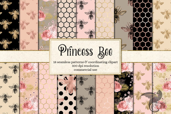 Princess Bee Digital Paper: Elegant Floral & Bee Designs